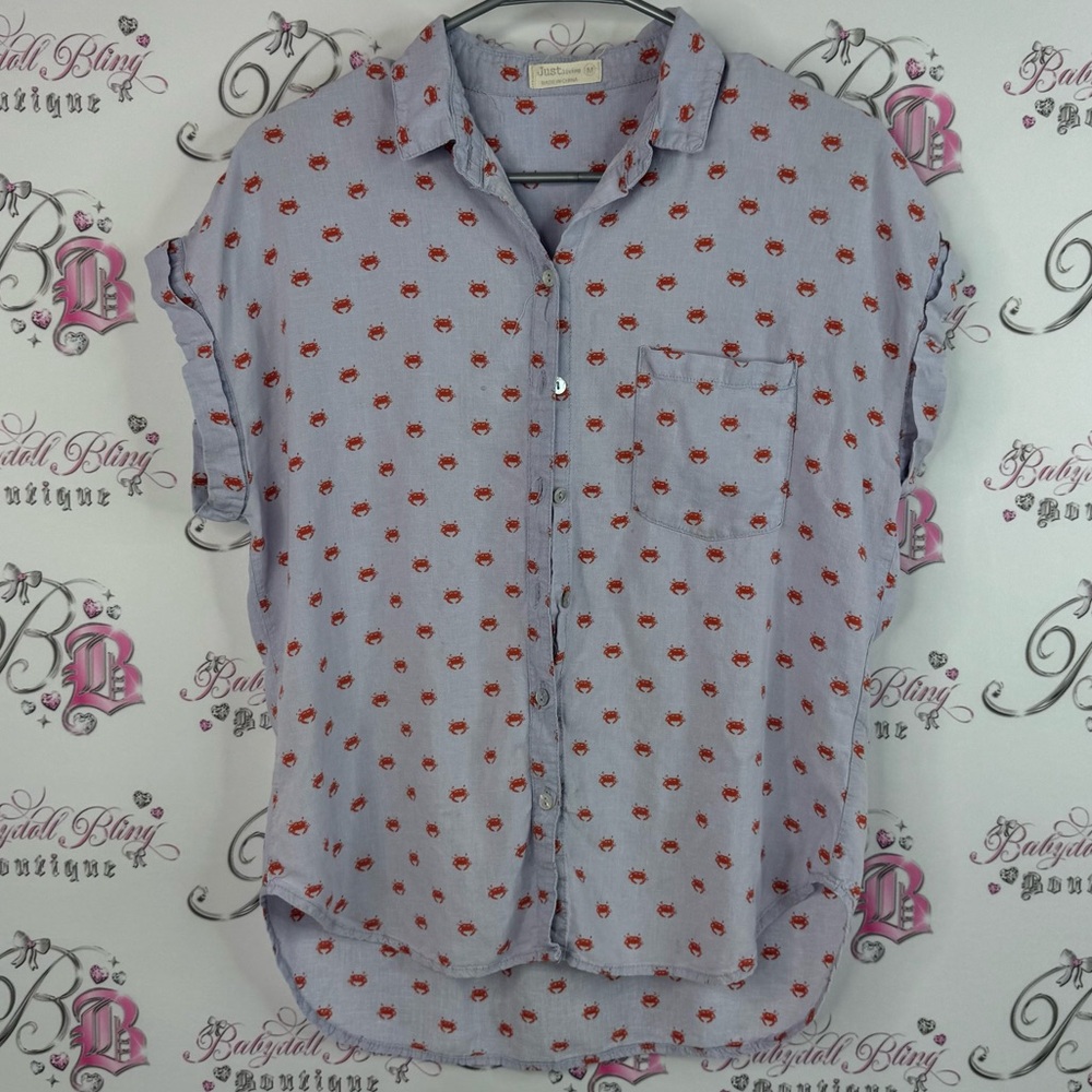 Just living button up crabs 🦀 Lavender Shirt with Red Crab Pattern